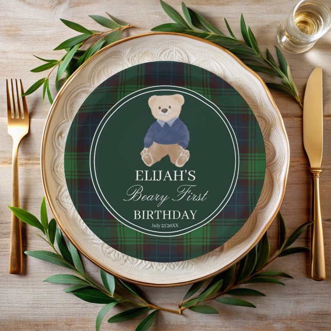 Beary first teddy bear green plaid birthday party paper plates (Beary first birthday teddy bear green plaid birthday printed party paper plates personalized decor)