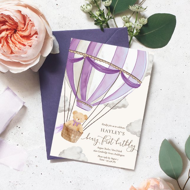 Beary First Teddy Bear Hot Air Balloon Birthday Invitation (Creator Uploaded)