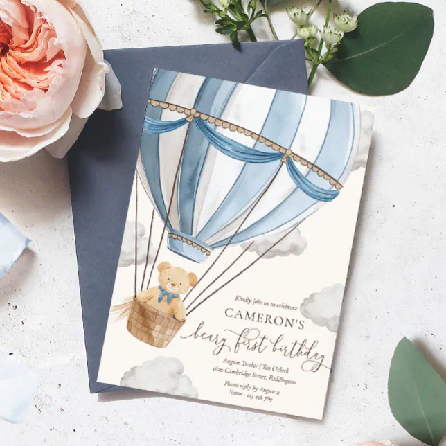 Beary First Teddy Bear Hot Air Balloon Birthday Invitation | Zazzle