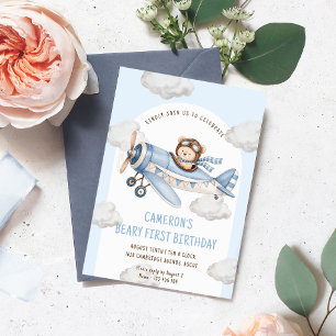 Beary First Teddy Bear Plane Birthday Invitation