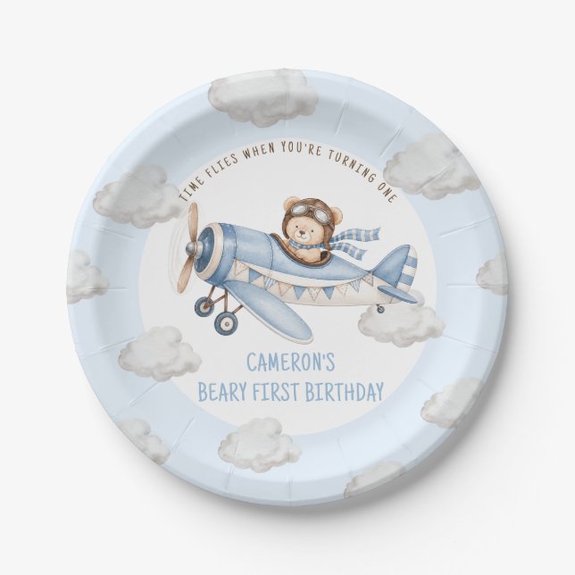 Beary First Teddy Bear Plane Birthday Paper Plates (Front)
