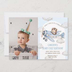 Beary First Teddy Bear Plane Photo Birthday Invitation