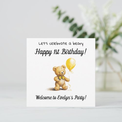 Beary Happy 1st Birthday Party  Invitation