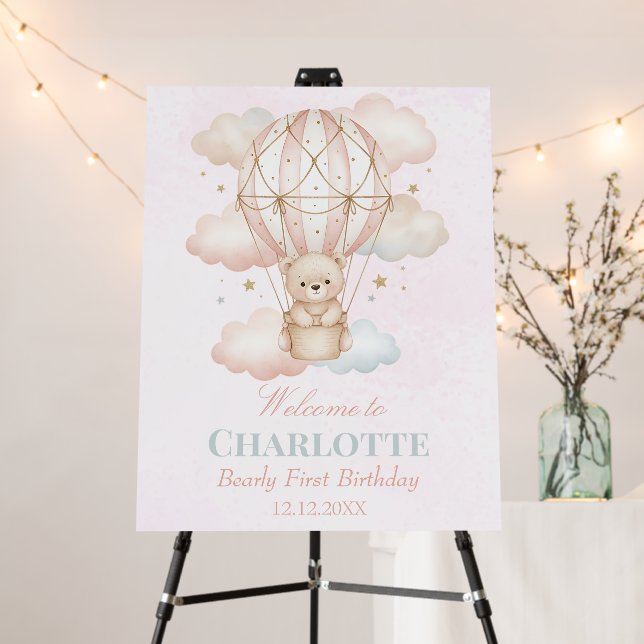 Beary  Hot Air Balloon 1st Birthday Welcome   Foam Board (In Situ (Stand))