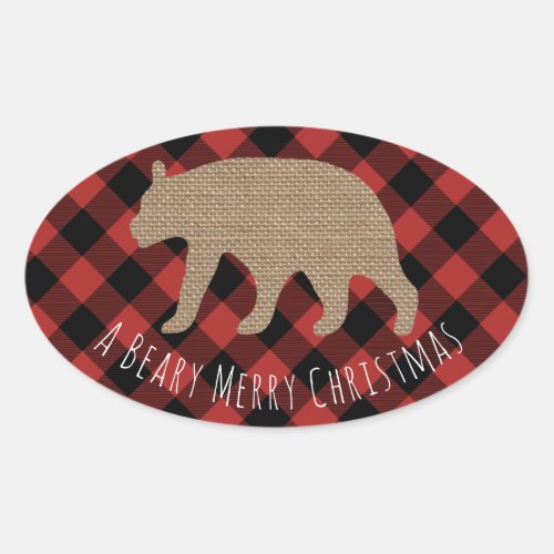 Beary Merry Christmas Plaid Burlap Bear Oval Sticker