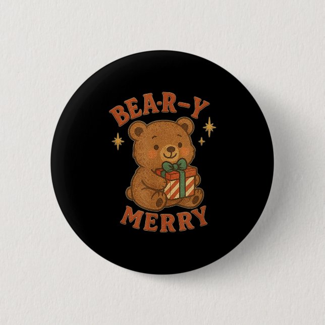 Beary Merry Cute Retro Christmas Bear Gift Box Vin Button (Front)