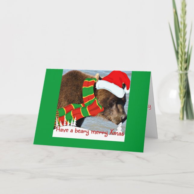 Beary Merry Santa Bear Holiday Greeting Card (Front)