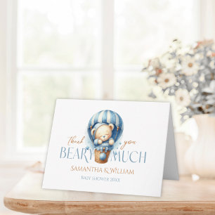 Beary Much Blue Teddy Hot Air Balloon Baby Shower Thank You Card
