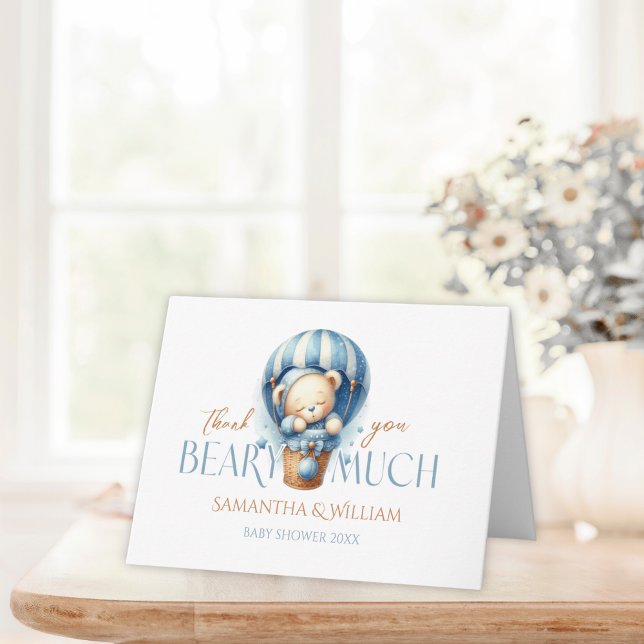 Beary Much Blue Teddy Hot Air Balloon Baby Shower Thank You Card (Creator Uploaded)