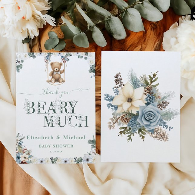 Beary Much Floral Sage Green Gender Neutral Thank You Card (Creator Uploaded)