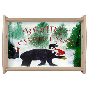 Beary Santa black bear Christmas Holiday Serving Tray
