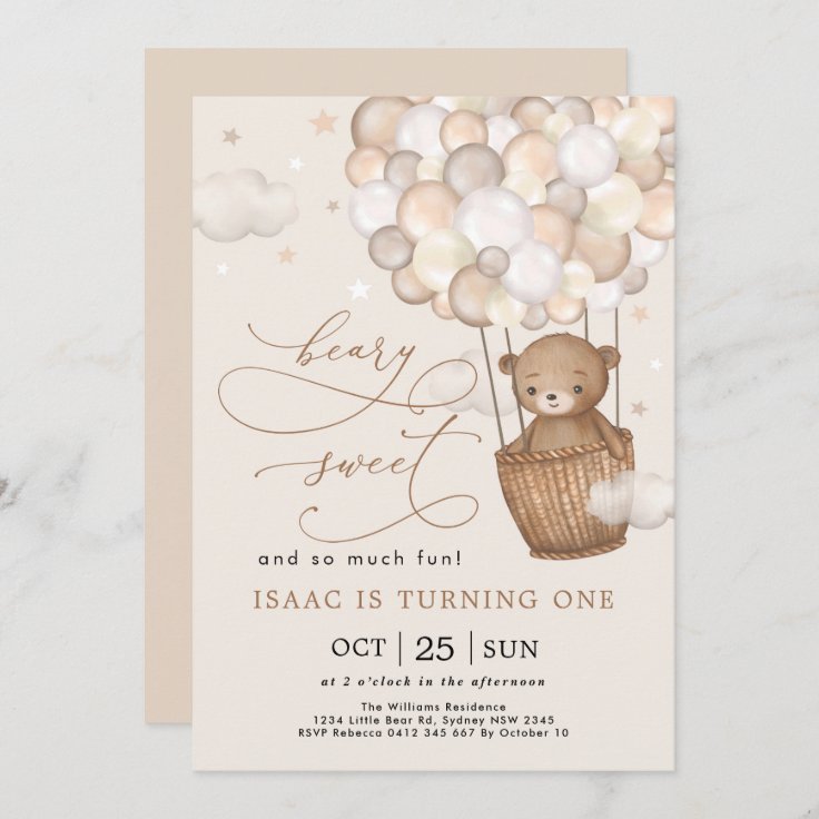 Beary Sweet and So Much Fun Bear Balloons Birthday Invitation | Zazzle