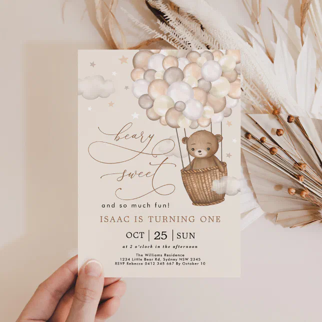 Beary Sweet and So Much Fun Bear Balloons Birthday Invitation | Zazzle