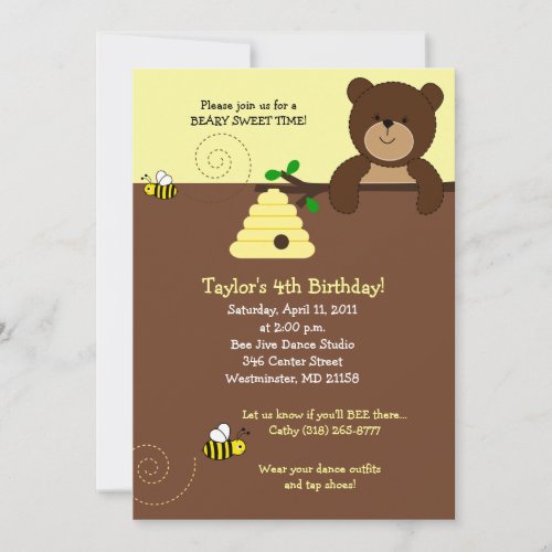 Beary Sweet Bear  Bee 5x7 Birthday Invitation