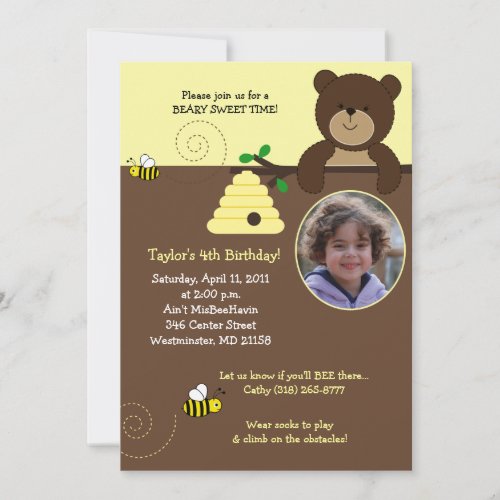 Beary Sweet Bear  Bee 5x7 Birthday Invitation