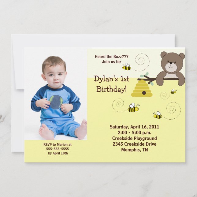 Beary Sweet Bear & Bee *PHOTO* Birthday 5x7 Invitation (Front)