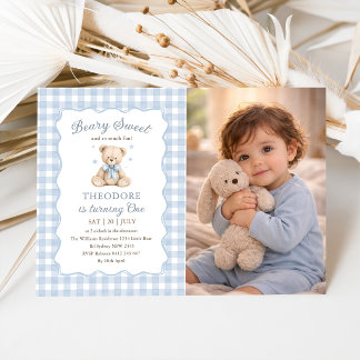Beary Sweet Blue Balloon Birthday Teddy Photo Invitation