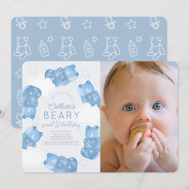 Beary Sweet Blue Gummy Bear Boy Photo 1st Birthday Invitation | Zazzle