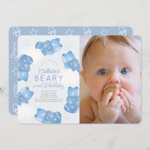 Beary Sweet Blue Gummy Bear Boy Photo 1st Birthday Invitation