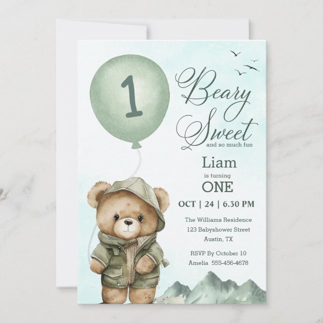 Beary Sweet First Birthday Invitation |  (Front)