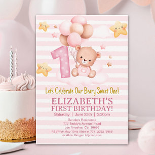 Beary Sweet First Birthday Pink Boho Bear Girl Invitation