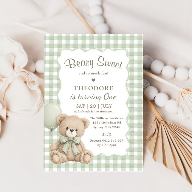 Beary Sweet Green Balloon First Birthday Teddy Invitation (Creator Uploaded)