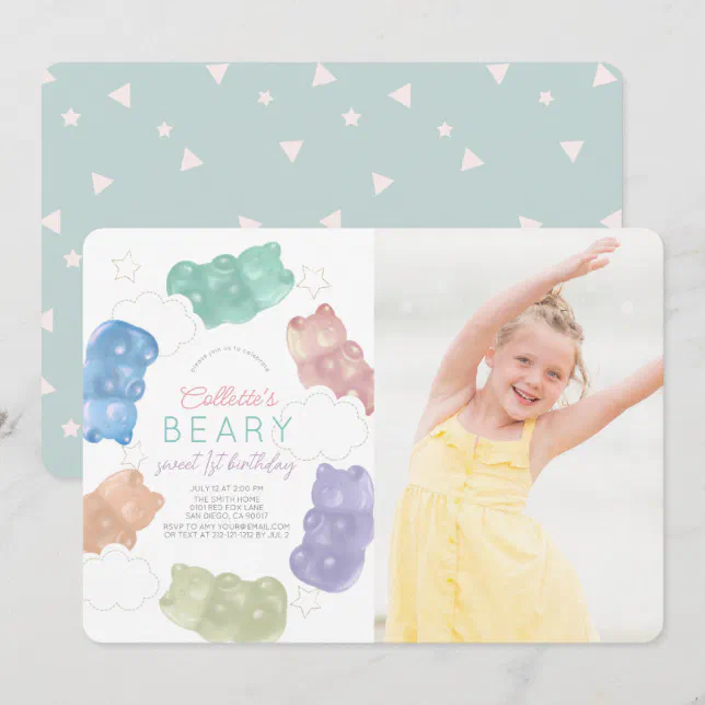 Beary Sweet Gummy Bear Girl Photo Birthday Invitation | Zazzle