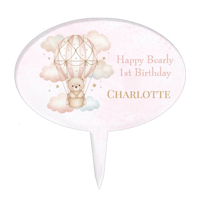 Beary Sweet Hot Air Balloon 1st Birthday Cake Topper (Front)