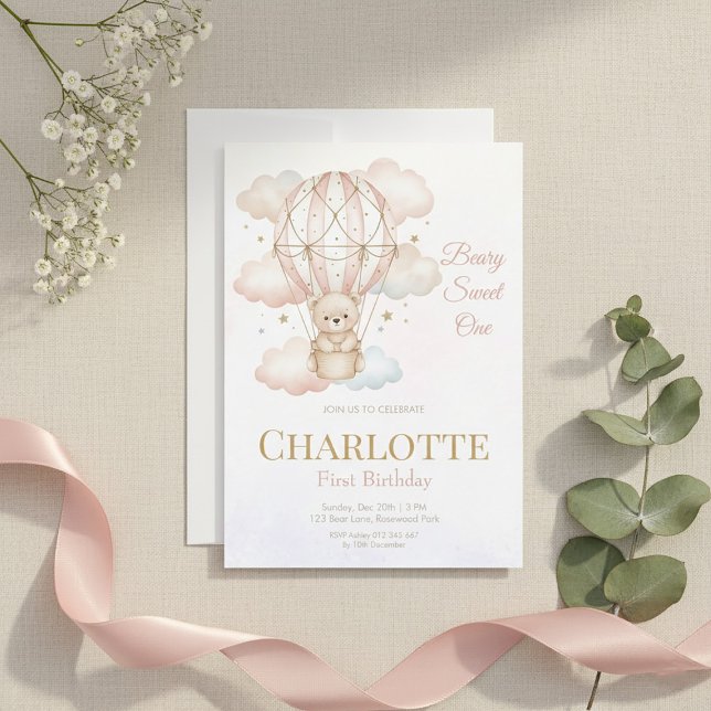 Beary Sweet Hot Air Balloon 1st Birthday  Invitation (Creator Uploaded)