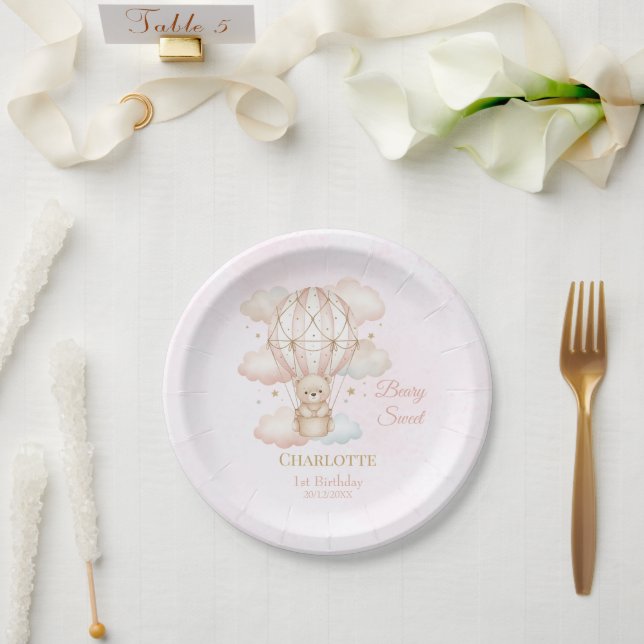 Beary Sweet Hot Air Balloon 1st Birthday Paper Plates (Wedding)