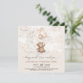 Beary Sweet Moon & Stars Teddy Bear 1st Birthday Invitation | Zazzle