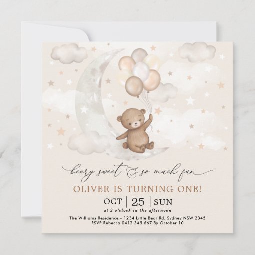 Beary Sweet Moon & Stars Teddy Bear 1st Birthday Invitation | Zazzle