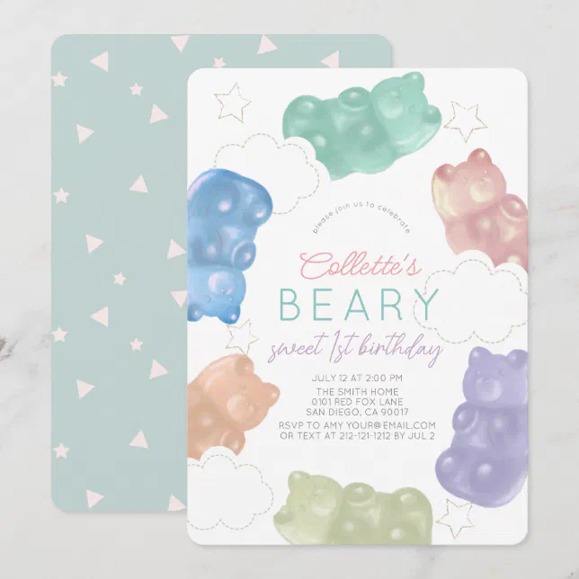 Beary Sweet Pastel Gummy Bear Girl 1st Birthday Invitation | Zazzle