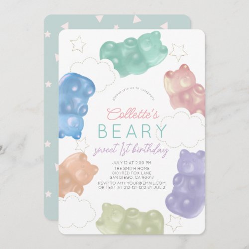 Beary Sweet Pastel Gummy Bear Girl 1st Birthday Invitation