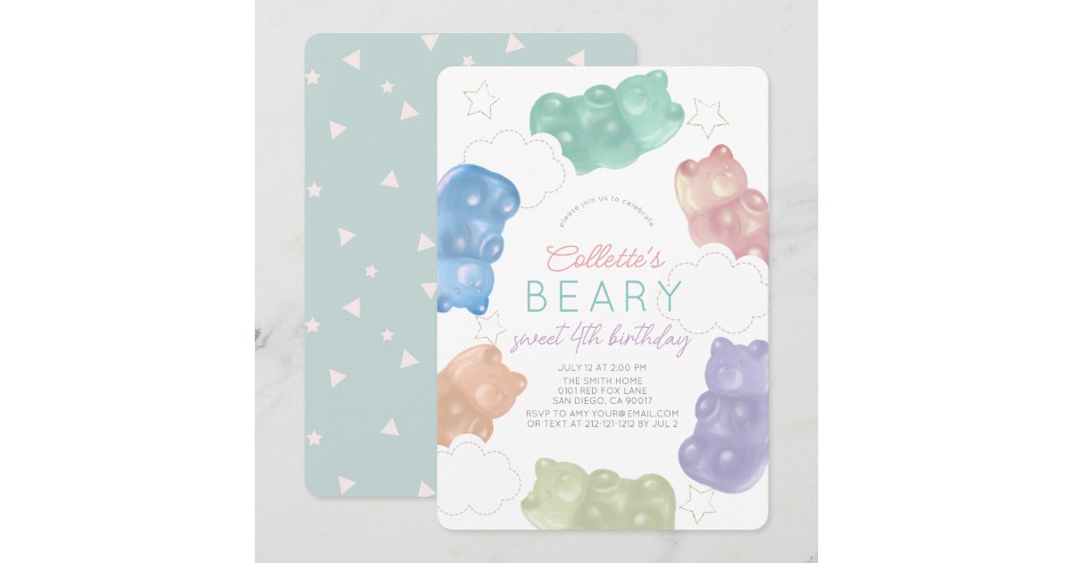 Beary Sweet Pastel Gummy Bear Girl Birthday Invitation | Zazzle