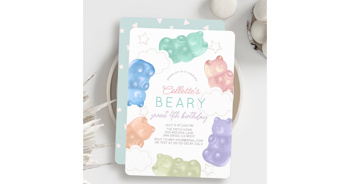 Beary Sweet Pastel Gummy Bear Girl Birthday Invitation | Zazzle