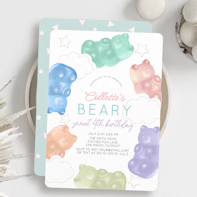 Beary Sweet Pastel Gummy Bear Girl Birthday Invitation | Zazzle