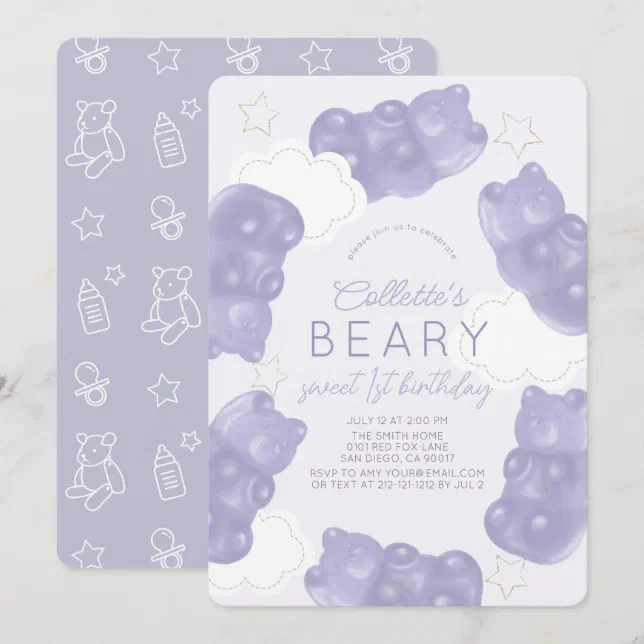 Beary Sweet Purple Gummy Bear 1st Birthday Invitation | Zazzle