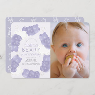 Beary Sweet Purple Gummy Bear 1st Birthday Photo Invitation