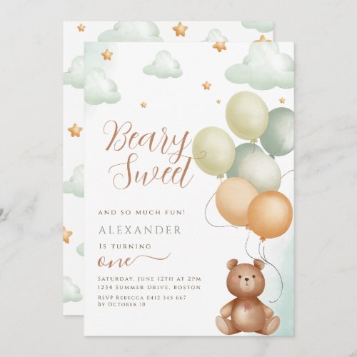 Beary Sweet Teddy Bear Balloon 1st Birthday Invitation