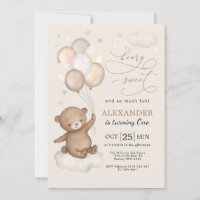 Beary Sweet Teddy Bear & Balloons 1st Birthday Invitation