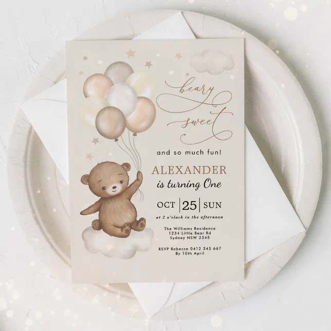 Beary Sweet Teddy Bear & Balloons 1st Birthday Invitation | Zazzle