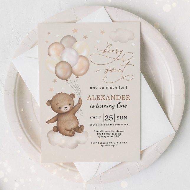Beary Sweet Teddy Bear & Balloons 1st Birthday Invitation (Creator Uploaded)
