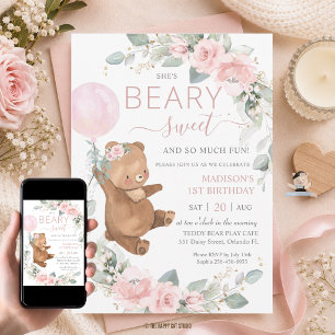 Beary Sweet Teddy Bear Pink Balloon Birthday Invitation