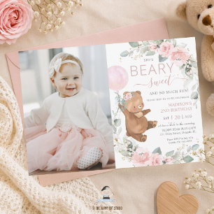 Beary Sweet Teddy Bear Pink Balloon Birthday Photo Invitation