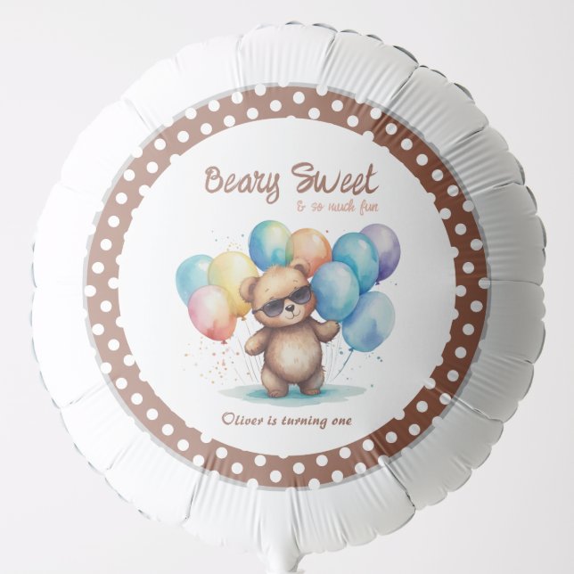 Beary Sweet Teddy bear wearing glasses and balloon (Front)