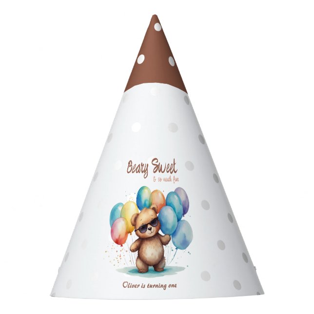 Beary Sweet Teddy bear wearing glasses and balloon Party Hat (Front)