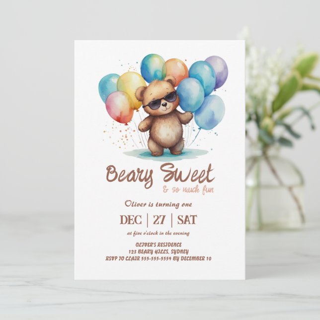 Beary Sweet Teddy wearing glasses and balloons Invitation (Standing Front)