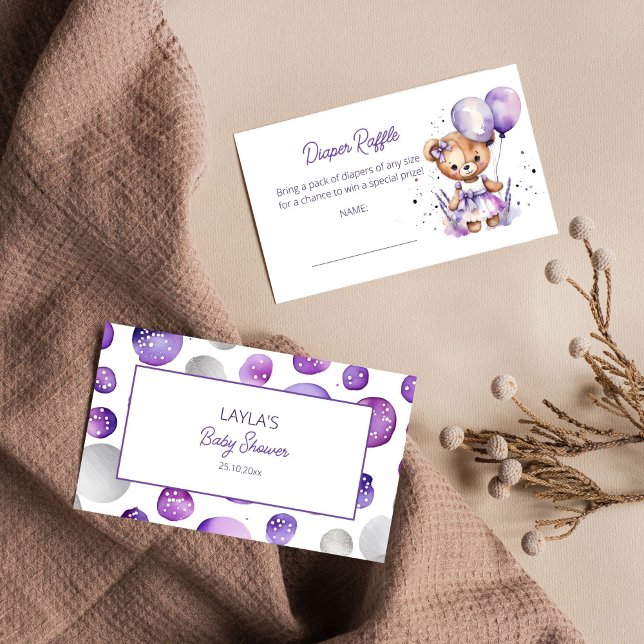 Beary teddy bear purple baby shower diaper raffle enclosure card (Teddy bear purple diaper raffle card cute teddy bear with purple dress lavender balloons raffle card)