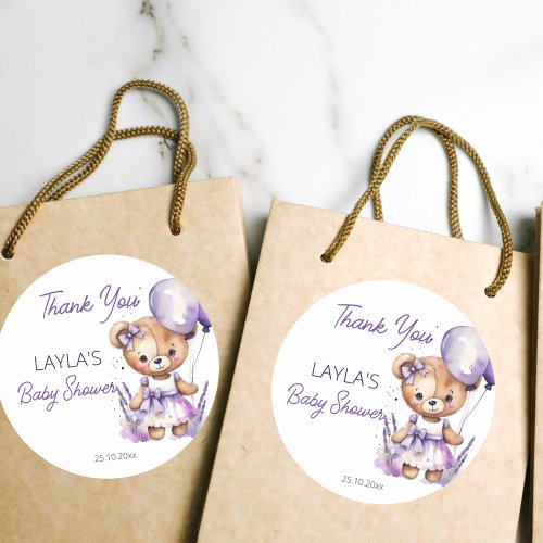 Beary teddy bear purple baby shower thank you favo classic round sticker